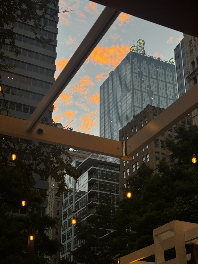 Golden hour city buildings and lights