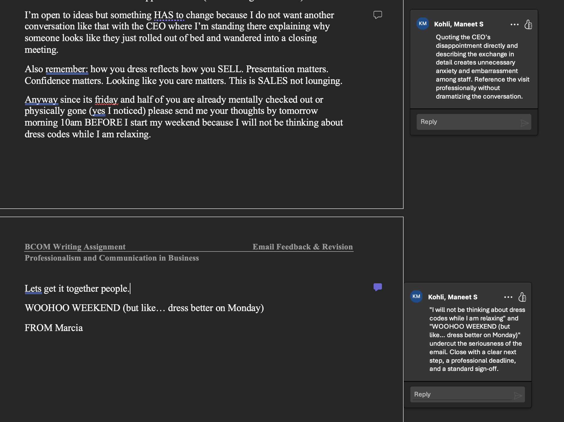 Original email with revision feedback comments — bottom half