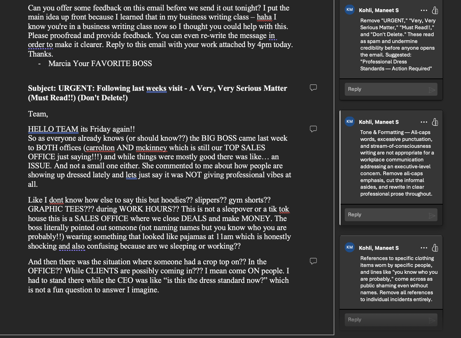 Original email with revision feedback comments — top half