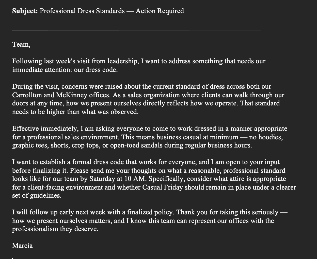Professionally rewritten email