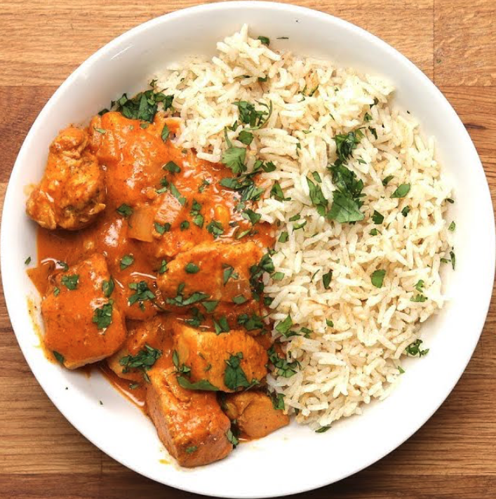 Butter chicken with basmati rice and cilantro