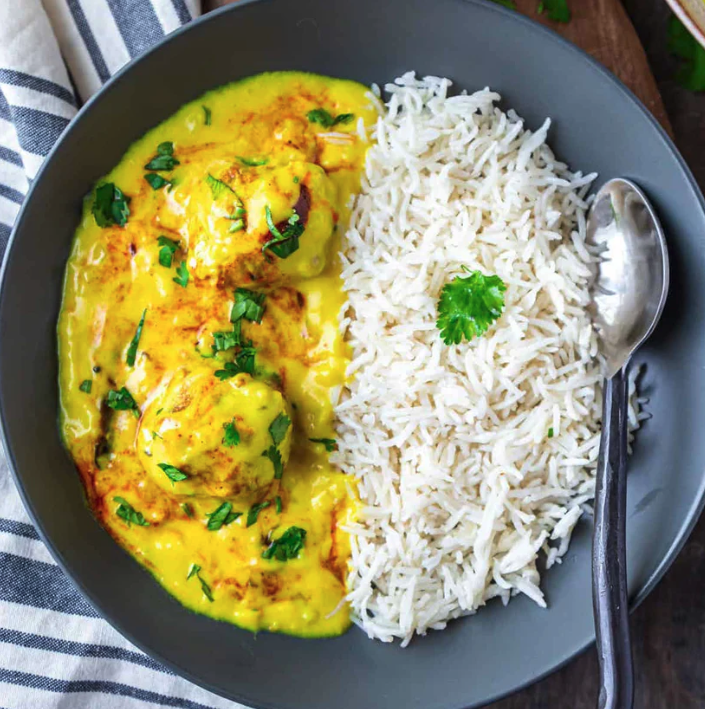 Kadhi pakora with basmati rice